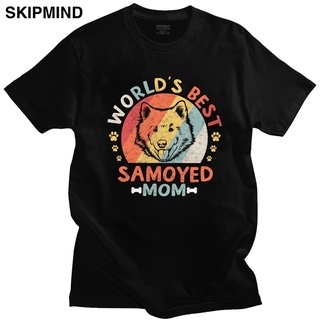 เสื้อยืดผู้ เสื้อยืดคอกลม แขนสั้น ผ้าฝ้าย แบบนิ่ม พิมพ์ลาย Samoyed Mom Worlds แฟชั่นสําหรับผู้ชาย S-5XL