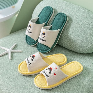 Home slippers รองเท้าแตะผู้หญิงผ้าลินินหน้าแรกน่ารักกันลื่นน้ำหนักเบาคนรักการ์ตูนในร่มรองเท้าแตะผ้าลินินผ้าฝ้าย