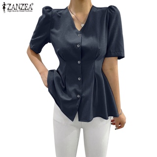 ZANZEA Women Summer V Neck Puff Sleeve Blouse Elegant Button Up Ladies Blouse