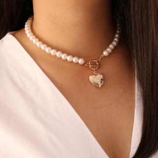 Gold Color Heart Pendant Necklaces /Vintage wind pearl coin necklace /  Pearls Choker Necklace /simple T word buckle   Heart brand necklace clavicle chain