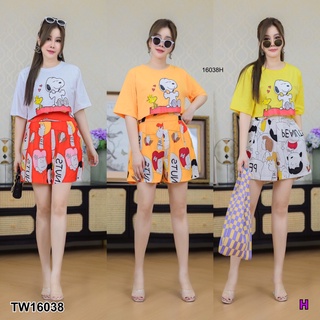 TwinsShopVip💗พร้อมส่ง TW16038 Set #สาวอวบ เสื้อครอปแขนสั้นสกรีนลายการ์ตูน+กางเกงเอวสูงพิมพ์ลายการ์ตูน Short sl