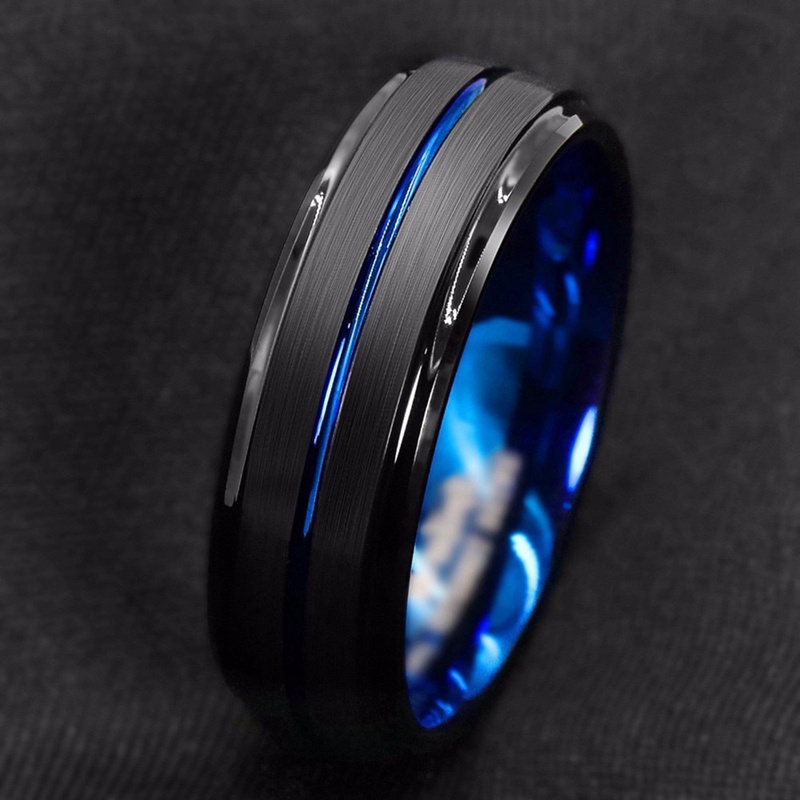 แหวนทังสเตน ด้านข้างบันได สีดํา สีฟ้า ขนาด 8 มม. แฟชั่นสําหรับผู้ชาย