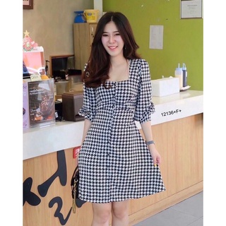 12136 Dress เดรสคอเหลี่ยมกระดุมหน้าลายชิโนริ Square neck chinori button front dress