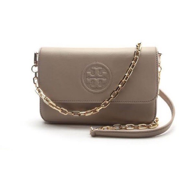 (ผ่อน0%) กระเป๋าสะพายข้าง หนังแท้สีเทา สายโซ่ TORY BURCH BOMBE MINI BAG 44593