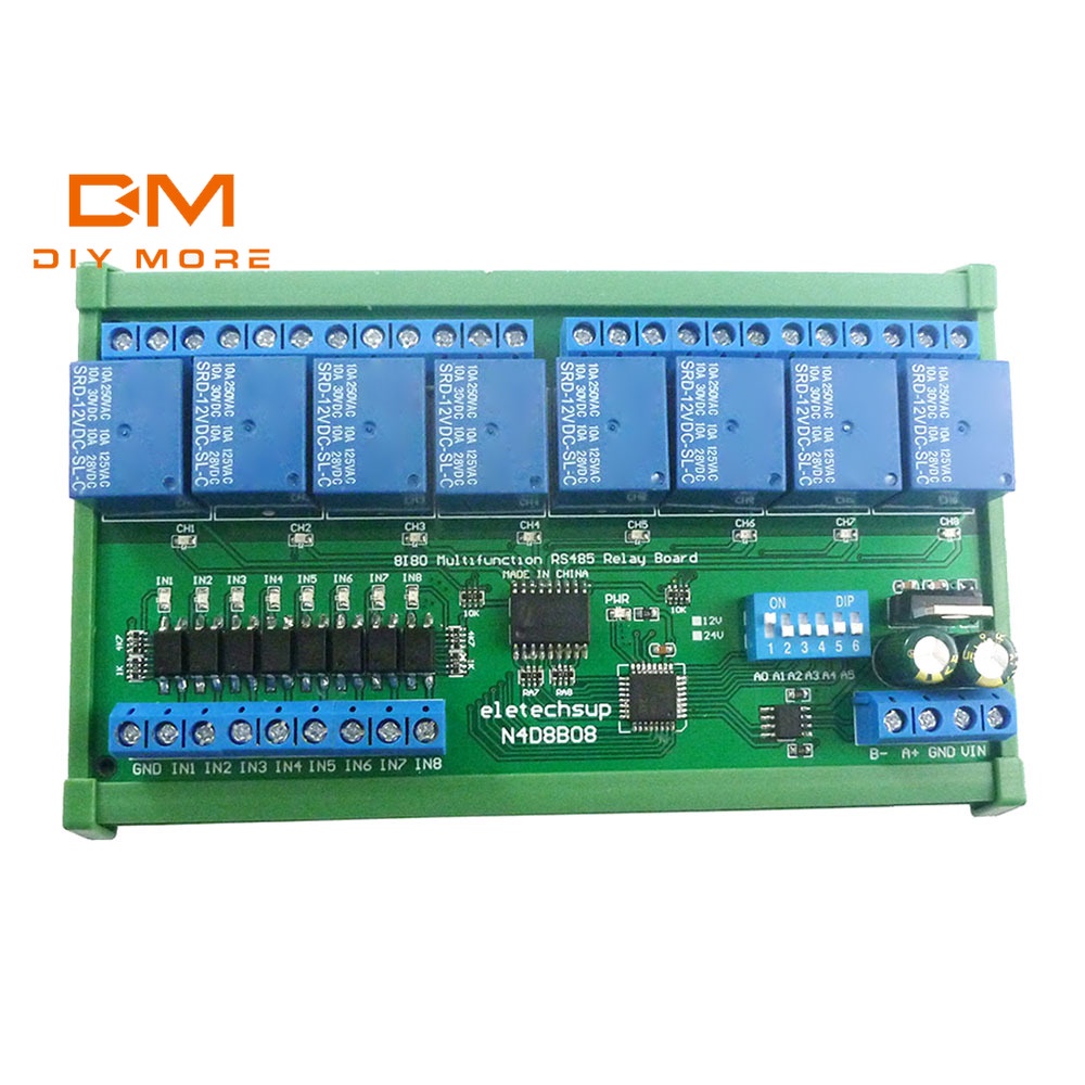 Diymore DC 12V 24V 8 อินพุตแยก และ 8 เอาท์พุต DIN35 C45 กล่องราง UART RS485 โมดูลรีเลย์ บอร์ดสวิตช์ควบคุม RTU บัส