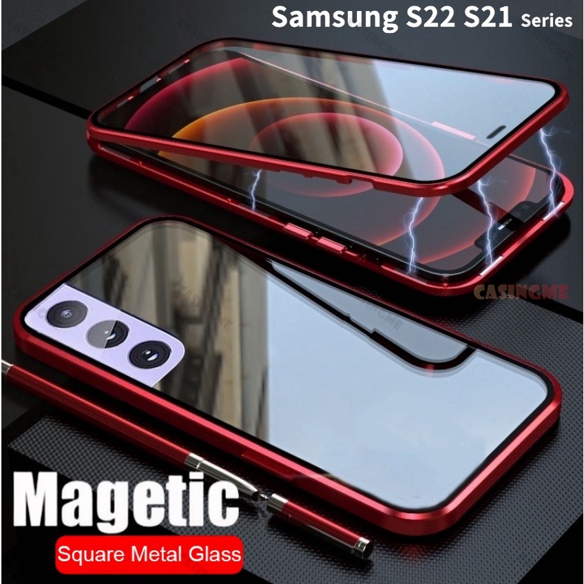 เคสโทรศัพท์มือถือกระจกนิรภัยแข็ง แบบแม่เหล็ก 360 องศา สองด้าน สําหรับ Samsung Galaxy S23 S22 S21 FE Ultra Plus 4G 5G