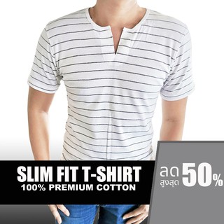 เสื้อยืดคอผ่า ผ้าลายริ้วเดี่ยว สีขาวสลับเทา เสื้อยืดลาย ตัดเย็บทรง Slim-Fit เสื้อผ้าแฟชั่นชาย คุณภาพส่งออก