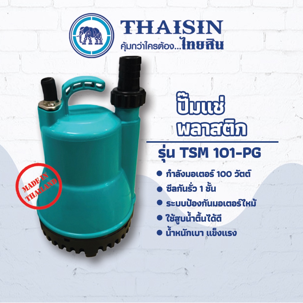 ปั๊มไดโว่ ปั๊มแช่พลาสติก ขนาด 1/8 แรง กำลังไฟ 100 วัตต์ ท่อ 1 นิ้ว สำหรับสูบน้ำธรรมดา THAISIN TSM-101PG