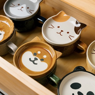 แก้วกาแฟเซรามิค ลายการ์ตูนญี่ปุ่น พร้อมฝาปิด สําหรับใส่นม อาหารเช้า ใช้ในครัวเรือน