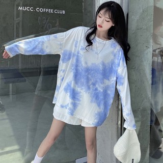 🔥ราคาถูกที่สุด🔥เสื้อยืดลายมัดย้อมสีฟ้า แขนยาว