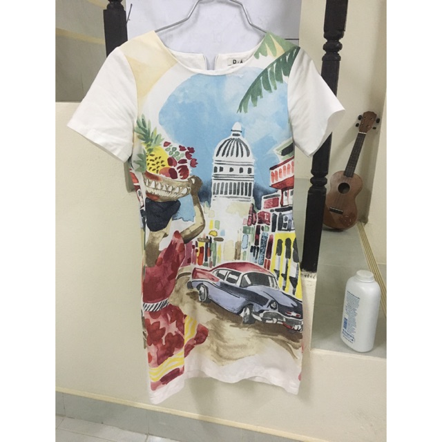 ชุดเดรส dress ชุดทำงาน ร้าน yasinee shop ลายภาพสีน้ำ ไซด์m อก32-35 เอว28-30 สะโพก38-39 ยาว35-36 มือ2