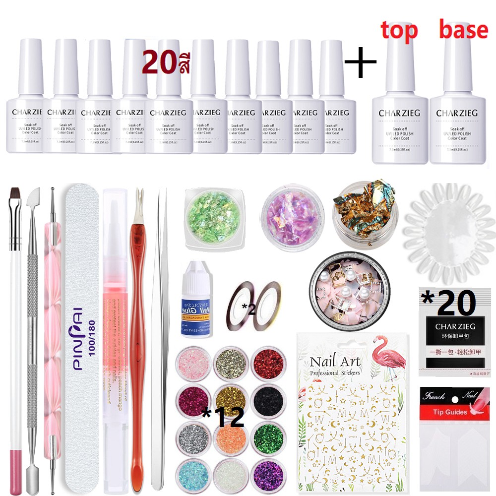 ชุดทําเล็บเจล(สีเจล10ขวด)+อุปกรณ์ครบ+ เคลือบใสเจล1ขวด+รองพื้นเจล1ขวด(ไม่มีเครื่องอบ)
