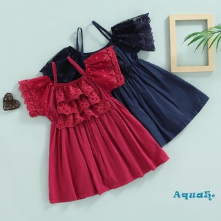 AQQ-Little Girls Summer Dress, Short Sleeve Sling Plain Lace Embroidery Ruched Dress, Girls Knee-Length Princess Style