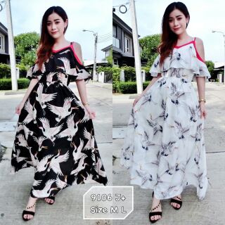 Maxi Dress แม็กซี่เดรสสายเดี่ยวคู่ เว้าไหล่