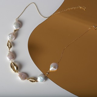 SWAN - Baroque Pearl Shell Necklace สร้อยคอเงินแท้ ชุบทอง14K มุกแท้ มุกบารอค มุกน้ำจืด