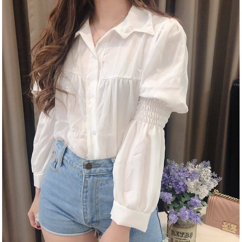 9คต251 เสื้อคอปกเชิ้ต แขนยาว แต่งจั้มช่วงแขน ช่วงแต่งตัดเย็บชั้นๆ งานมีกระดุมหน้า ระบายชาย งานสวย ใส่สบาย ใส่ได้ทุกโอกาส