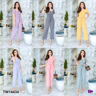 TwinsShopVip💗พร้อมส่ง TW14434 จั๊มสูทยาวแขนพองลายสก็อต