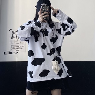 🐮POOHPAND🐮 เสื้อยืด Oversize แขนยาว แฟชั่นสไตล์เกาหลี ฮิปฮอป ทรงหลวม สวมใส่สบาย ลายวัว #8005