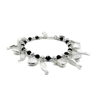 DSP สร้อยข้อมือนิลดำ ชาร์มปลาและหอย เงินแท้ 925 : DSP 925 Sterling Silver Fish &amp; Shell Charm [CFS0013]