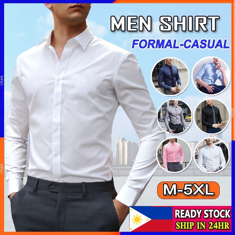 เสื้อเชิ้ตธุรกิจแขนยาวสำหรับผู้ชาย แบบเป็นทางการ มีปุ่มจำลอง ไซส์พิเศษ+