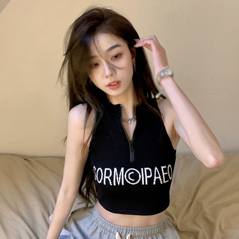 เสื้อกั๊กแขนกุดลําลอง ผ้าถัก เข้ารูป พิมพ์ลายตัวอักษร แต่งซิป สไตล์เกาหลี อเมริกัน แฟชั่นสําหรับสตรี