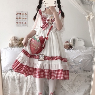 ชุดโลลิต้า 🍓 LOLITA เดรสสีขาว กระโปรงลายสก๊อตสีแดง ชุด JK Lolita สไตล์ญี่ปุ่น เดรสสไตล์อภิบาล