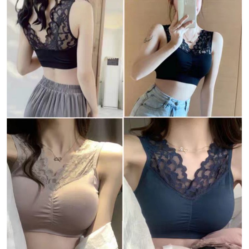 เสื้อในไร้โครงลูกไม้ สปอร์ตบรา สวยใส่สบาย ชุดชั้นในผู้หญิง ฟองน้ำบาง ผ้ายืด ฟองน้ำภายในสามารถถอดไปซั