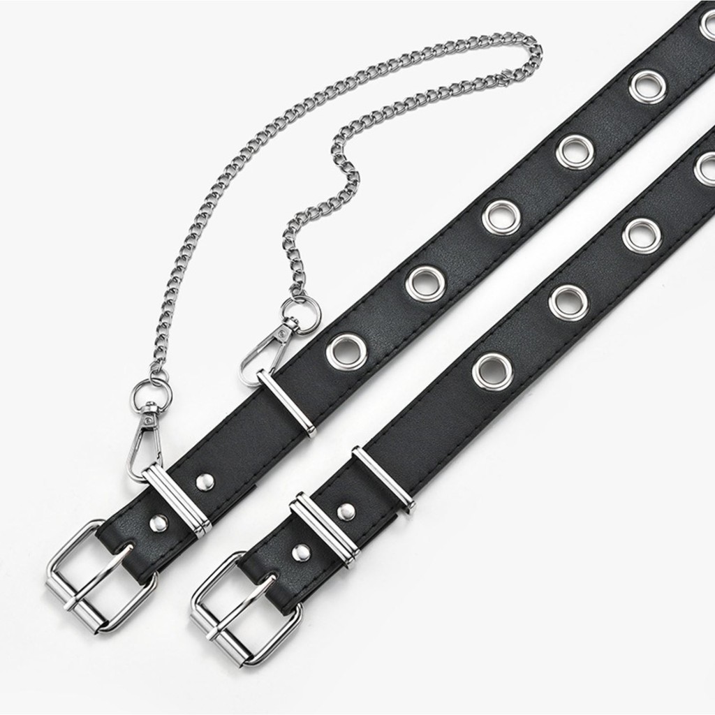 พร้อมส่ง BELT001 เข็มขัดหนัง PU สีดำ ห่วงโซ่เงิน เข็มขัดร็อค Belt