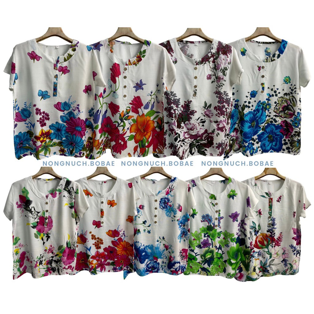 เสื้อลายดอกผ้าพริ้ว เสื้อผู้ใหญ่คอกลม