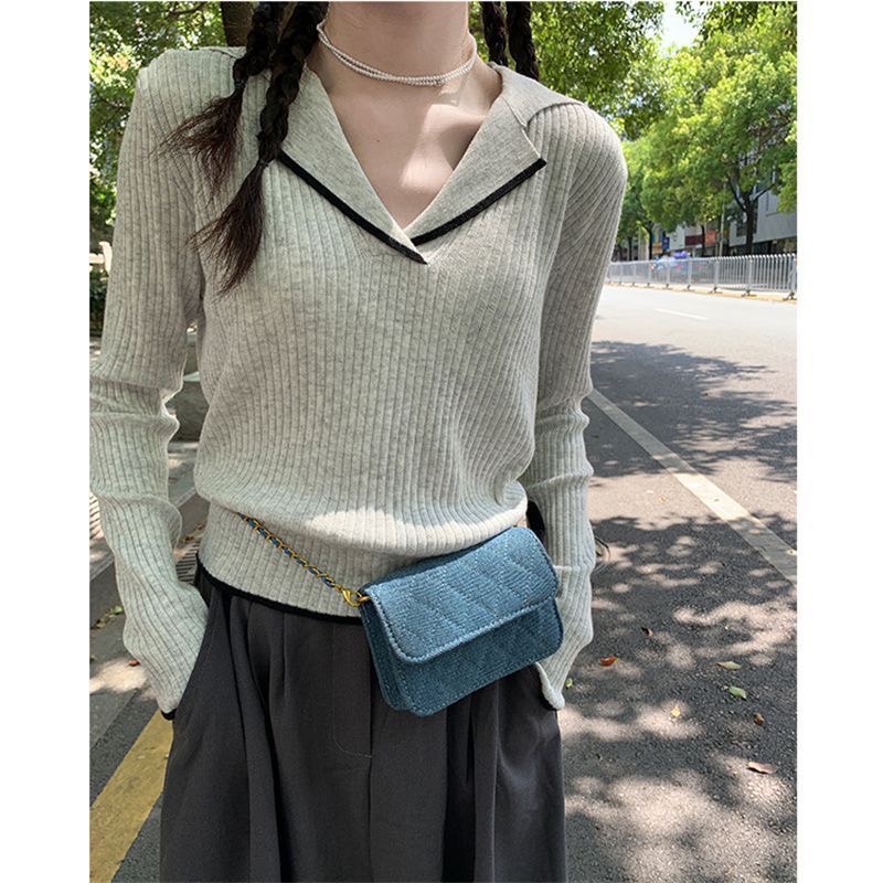 ZARZ.SHOP *พร้อมส่ง*เสื้อคอปกเหลี่ยมแขนยาวสีพื้น 88131