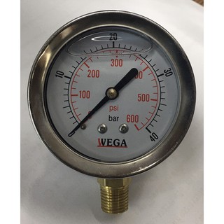 เกจวัดแรงดัน 2.5" WEGA pressure gauge แสตนเลส ขนาดหน้าปัด 2.5 นิ้ว เกลียวทองเหลือง 1/4" ออกด้านล่าง 1 (Bar/PSI)