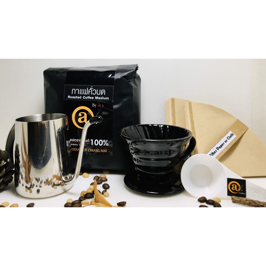 ชุดที่ a123 แก้วดริปเซรามิค สีดำ 1-2 ที่/ช้วนตวงกาแฟ/กระดาษกรอง/กาคอยาว/@y Coffee กาแฟคั่วบด คั่วกลา