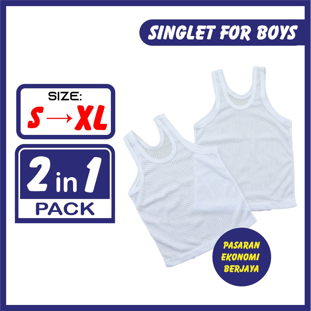 SINGLET BUDAK LELAKI BERLUBANG 2 IN 1/ BOYS SINGLET/ SINGLET PUTIH KANAK/ KIDS STUDENT SINGLET/ SING