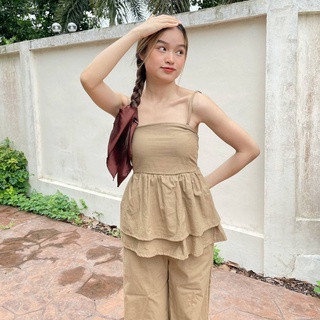 JLY2602 lalabelle set  ชุดเซ็ตเสื้อสายเดี่ยวระบาย2ชั้นเนื้อผ้าลินิน ใส่คู่กับกางเกงขายาวทรงกระบอก