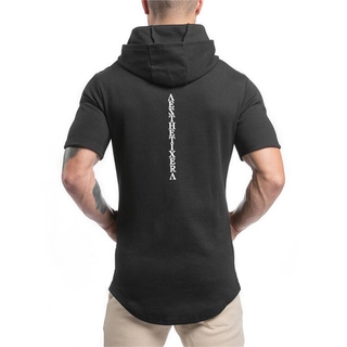 New Brand Hooded Casual Gyms Clothing Fitness Mens Fashion Sports Hip Hop Summer Cotton Bodybuilding Muscle Short Sleeve T-shirt