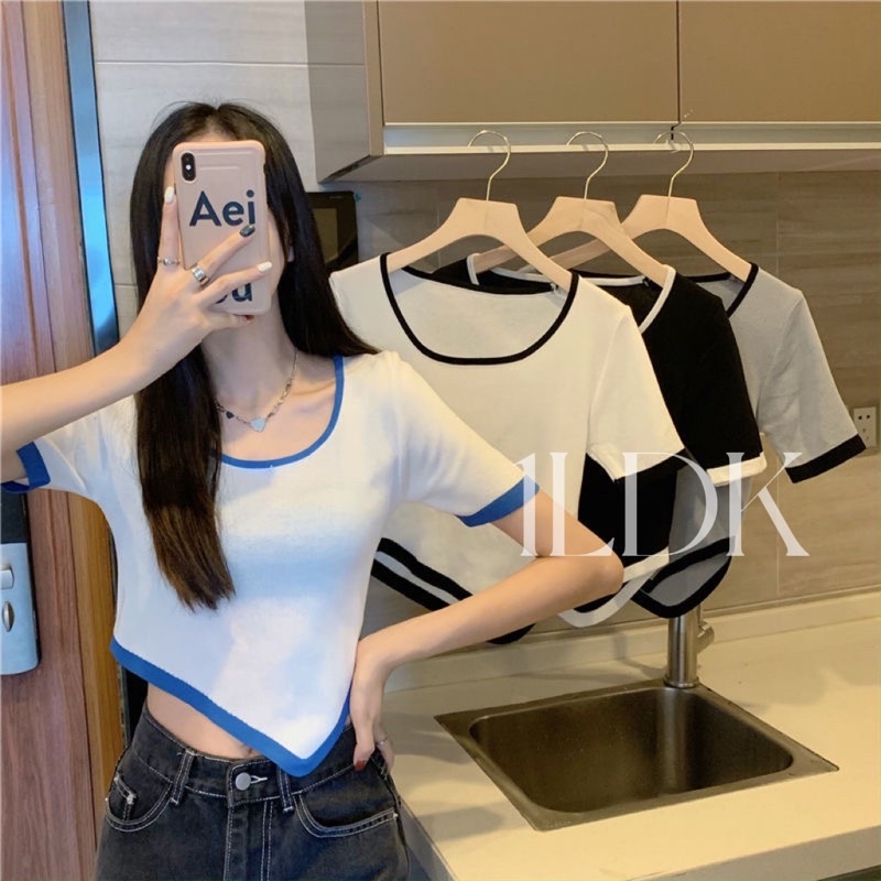 1LDK พร้อมส่ง เสื้อยืด คอกลมแขนสั้น ผ้าไหมพรม ปลายเสื้อมีลูกเล่นน่ารัก(47152)
