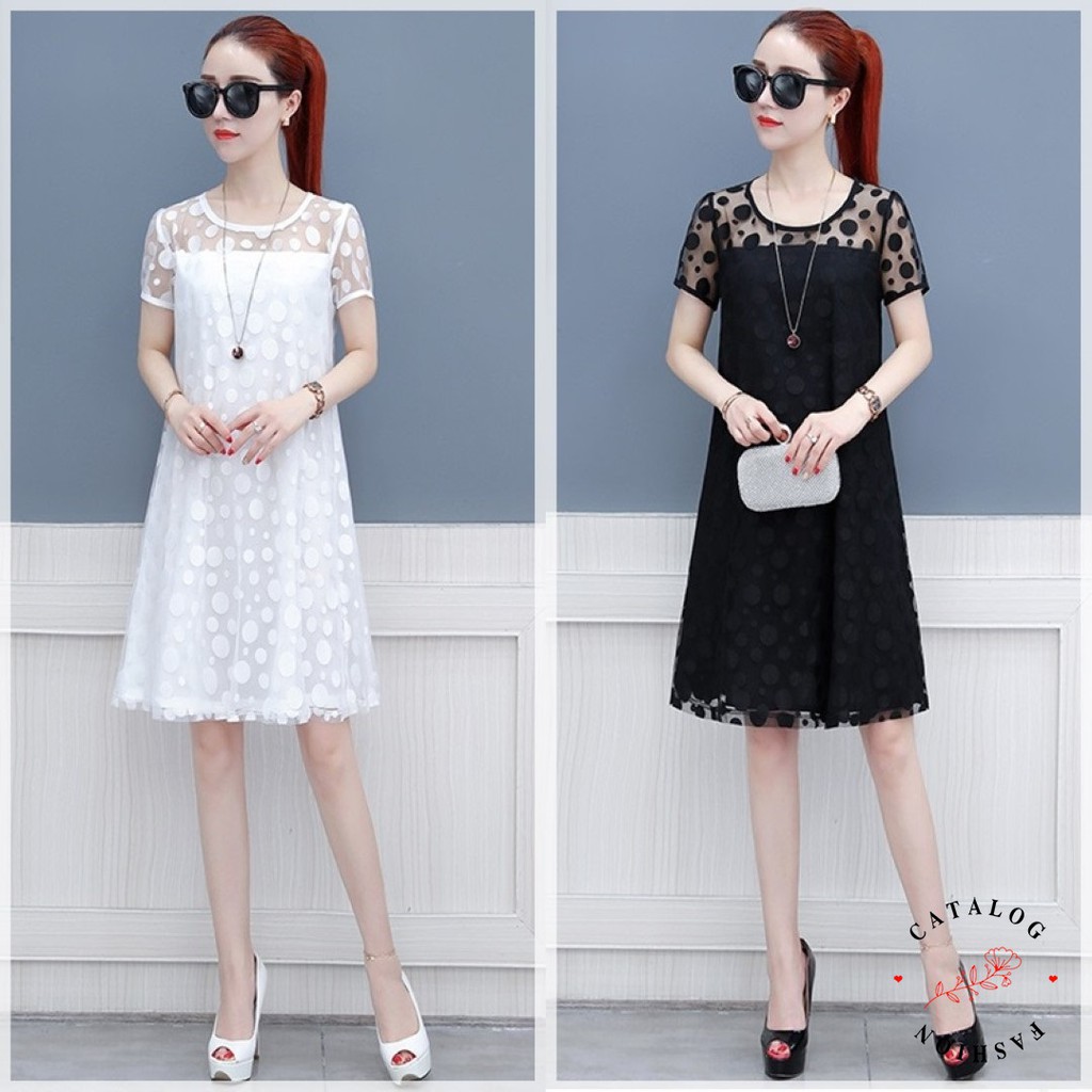 ราคาถูกๆ ชุดเดรสสั้น แขนสั้น ผ้าลูกไม้ลายจุด มีซับใน dress