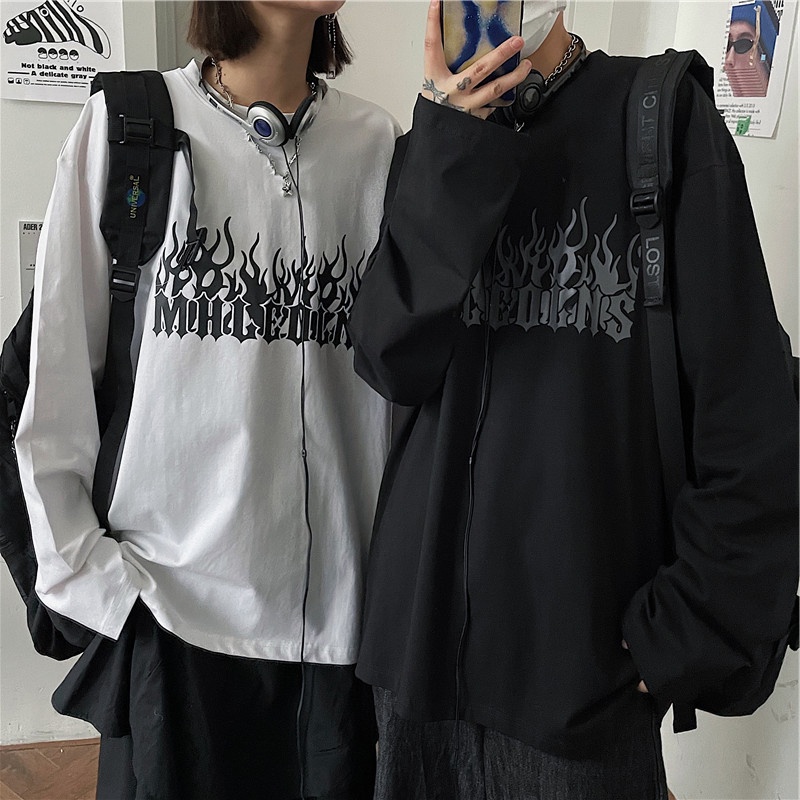 ฤดูใบไม้ผลิ เสื้อยืดแขนยาวใหม่ สไตล์ 2031 Flame English Print เสื้อยืดผู้ชายทรงหลวม