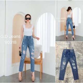 G.D.Jeans รุ่น 90318#กางเกงยีนส์ขายาวผ้าด้านทรงบอยแต่งขาดปักลายแบบเก๋ๆ