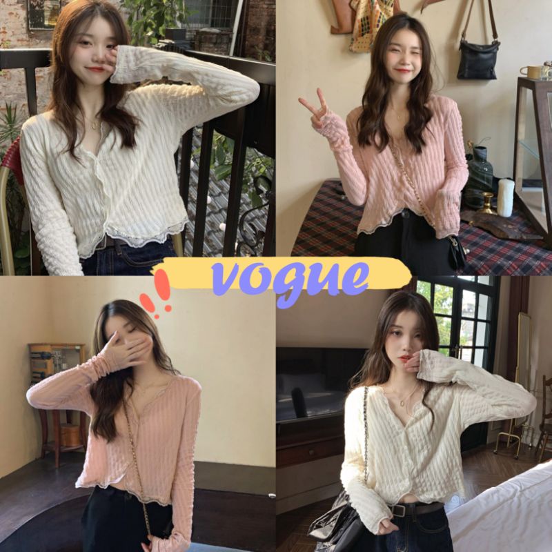 Vogue พร้อมส่ง เสื้อไหมพรมแขนยาวคอวี ผ้าลายเล็กๆซีทรูเบาๆ สีน่ารักมาก (8K43)