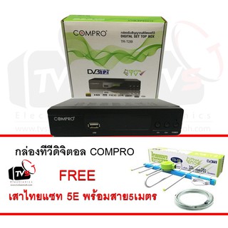 COMPRO TR-T2B กล่องรับสัญญาณดิจิตอลทีวี FullHD1080 แถม เสารับสัญญาน ไทยแซท 5E พร้อมสาย5เมตร