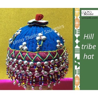หมวกผ้ากำมะหยี่ หมวกอุ่นหัว สีฟ้าสดใส สไตล์ชนเผ่า งานแฮนด์เมด เย็บมือโดยฝีมือชนเผ่าทางเหนือของไทย