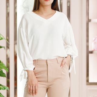 ZEIN เสื้อเบลาส์ เสื้อผู้หญิง แขนยาว สีขาว ผูกแขน ZNSU5888
