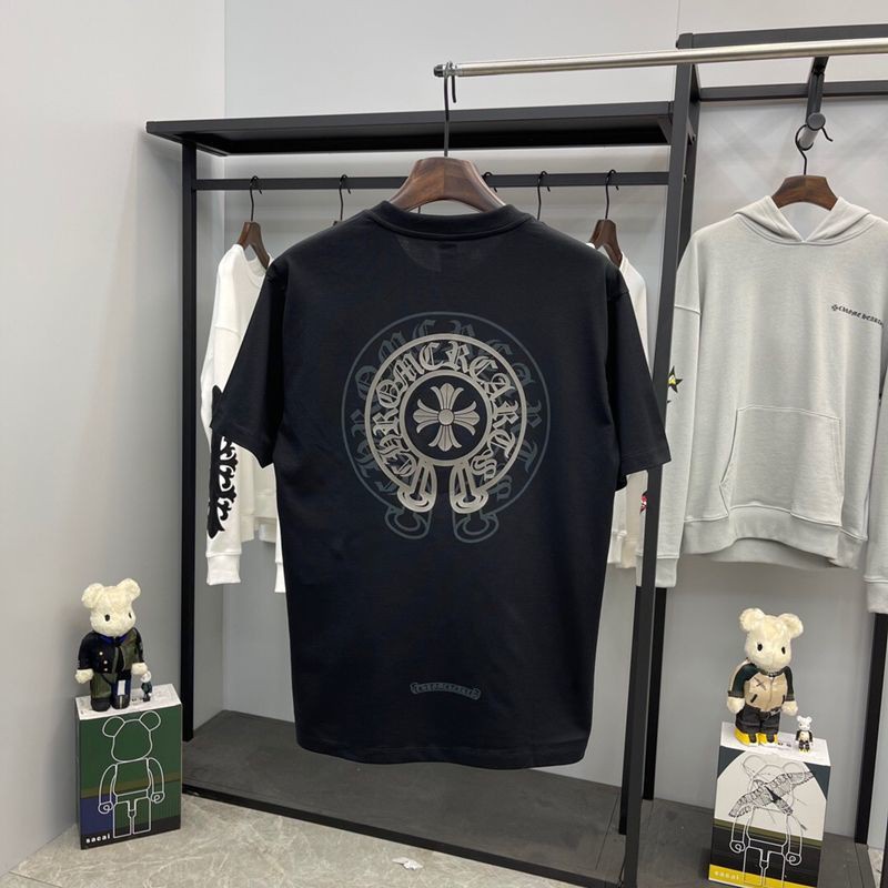 เสื้อผ้า Chrome HeartsChrome Hearts ﺴ รุ่นคุณภาพสูง CH Crow Heart Cross Sanskrit Double Shadow Laser Print เสื้อยืดคอกล