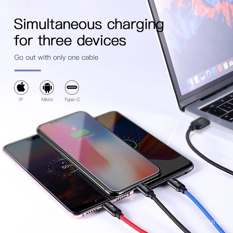 gQMu BASEUS สายชาร์จเร็ว 40W 3 in1 สายชาร์จไอโฟน Micro USB Type C Fast Charge อุปกรณ์ชาร์จมือถือ for Huawei Samsung iPho