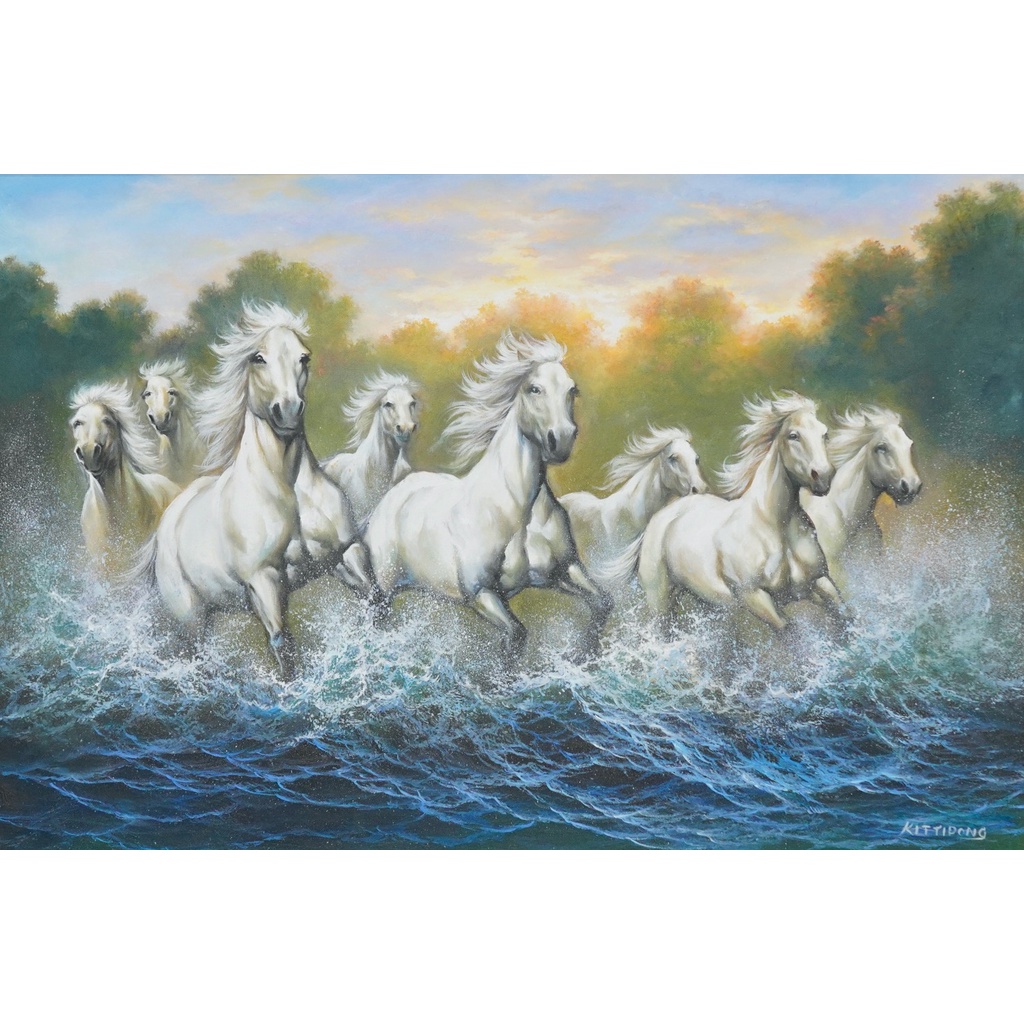 ม้าขาวและแม่น้ำ - 90 X 60 ซม. ภาพวาดสีน้ำมันสินค้าพร้อมส่ง