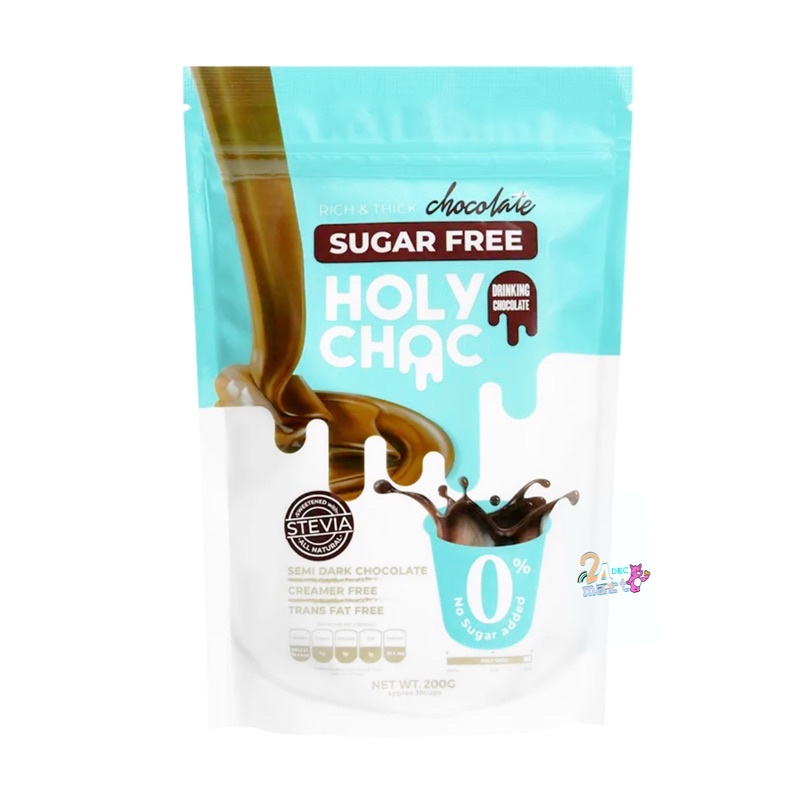ผงชงช็อคโกแลต HOLY CHOC สูตรไม่มีน้ำตาล ไม่มีนมวัว ไม่มีครีมเทียมSUGAR FREE 200g เข้มข้น (Vegan/Keto