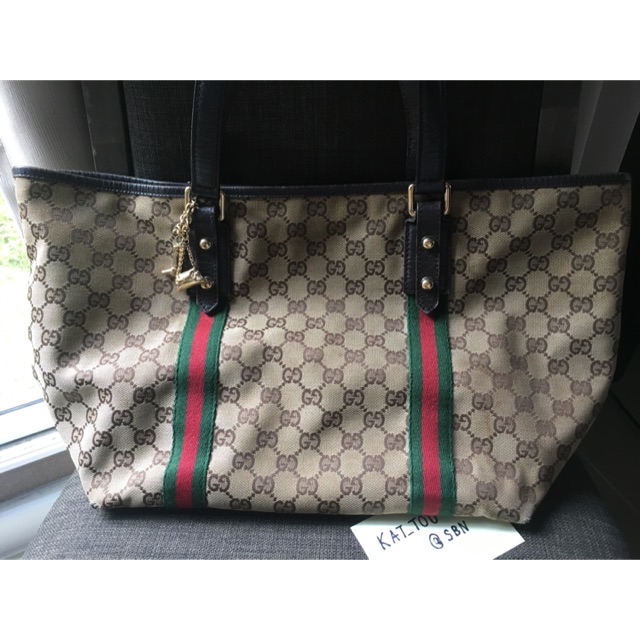 กระเป๋า Gucci มือสองของแท้ Used Gucci Tote Bag--Gucci Beige/Ebony Signature Jolicoeur Large Tote Bag