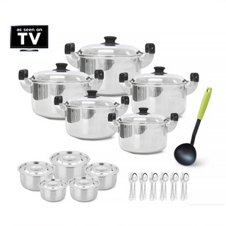 RRS Stainless Pot Set ชุดหม้อสแตนเลส 2 หู รุ่น คลาสสิค 5 ใบ + หม้อแขก 5 ใบ + ช้อนส้อม ลายมงกุฎ 6 คู่ + กระบวยไนล่อน