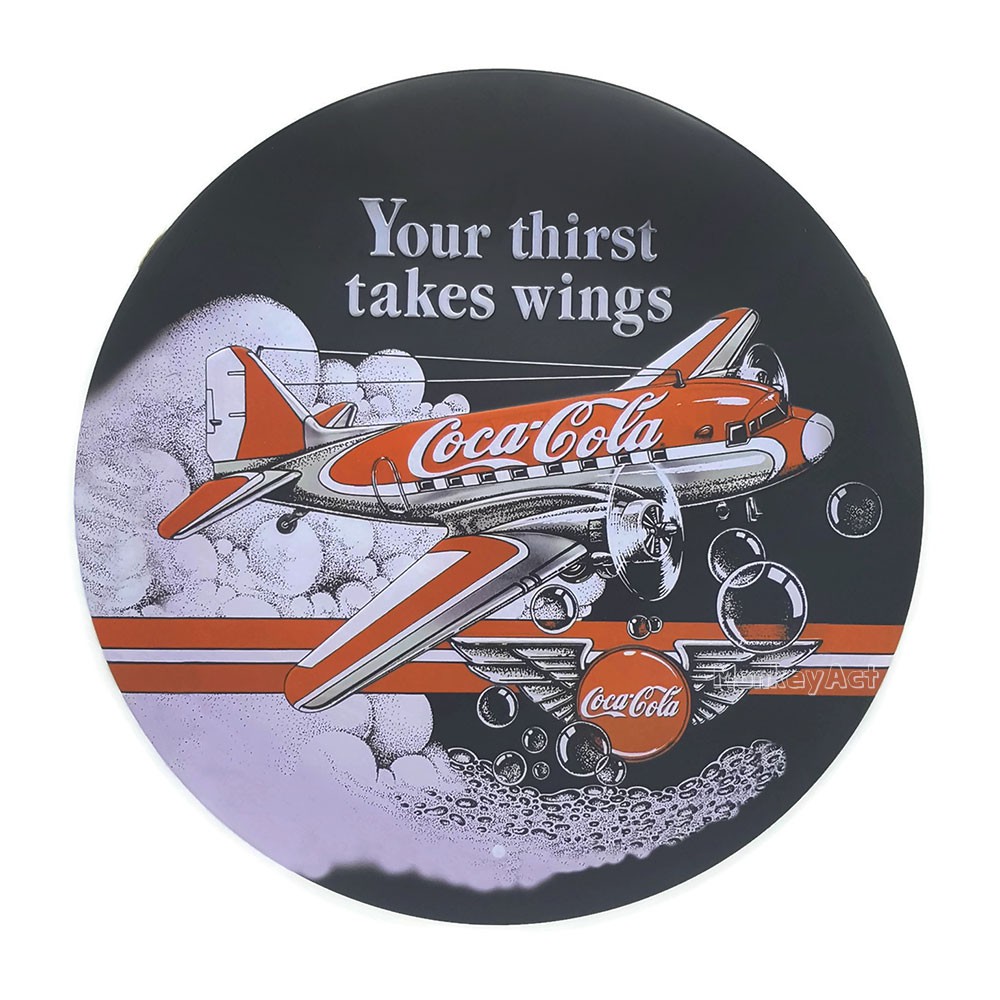 ป้ายสังกะสีวินเทจ Coca Cola Your Thirst Takes wings (ปั๊มนูน)